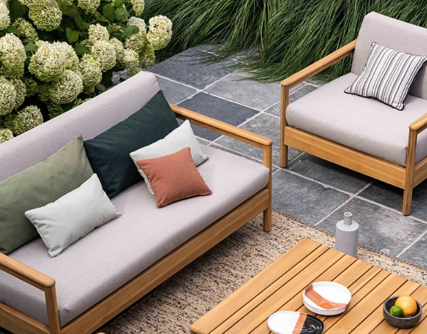 Outdoor sofa and cushions with sunbrella fabrics